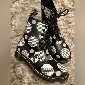 Dr. Martens Black and White Circular Patterned Combat Boots, Sz 6